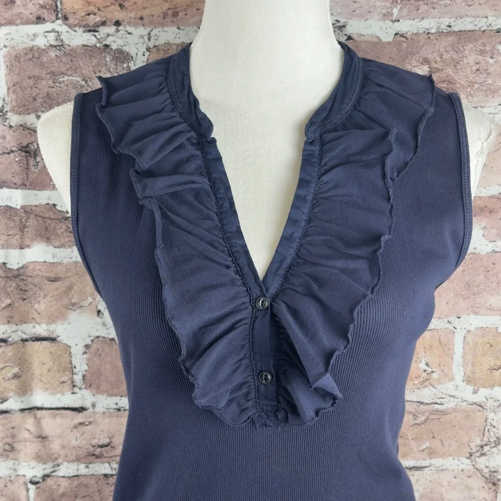 Lauren Jeans Co Ralph Lauren Navy Blue Ruffle V-Neck Ribbed Pima Cotton Top‎ L - Picture 5 of 13